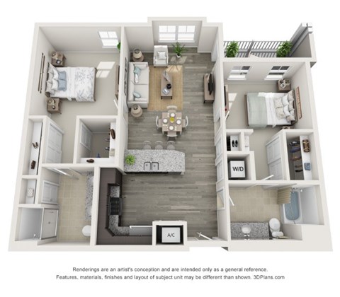 Floor plan for 2 beds, 2 baths, 1196 sqft